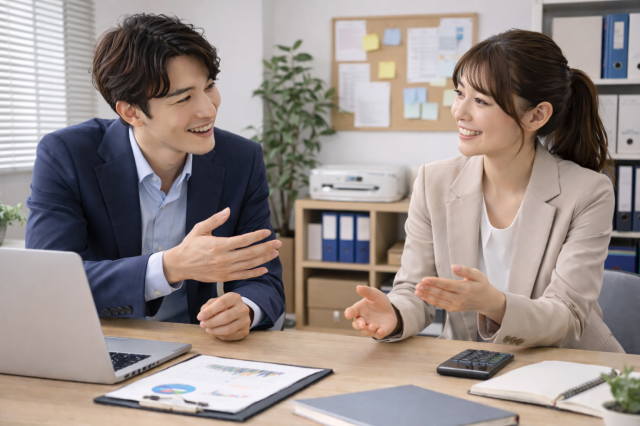 株式会社か合同会社か、設立する会社の種類を話し合う男女