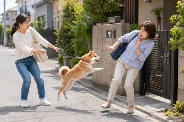 散歩中の犬が人に飛びつく事故のイメージ