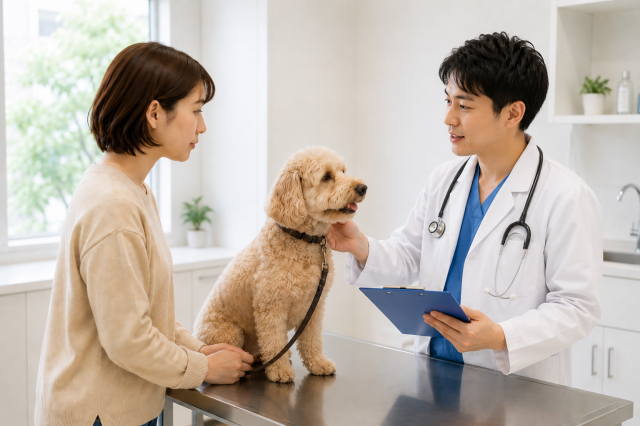 犬の咬傷事故後に動物病院で狂犬病確認を受ける様子