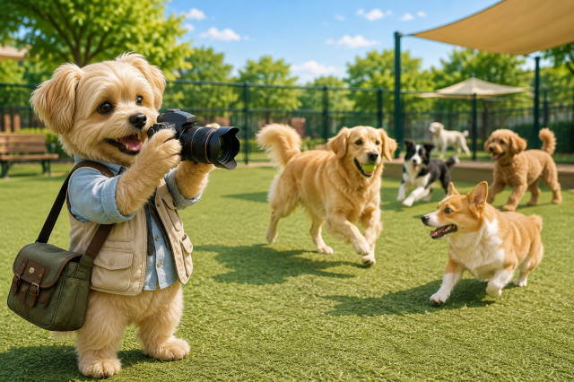 犬同士のトラブル後に現場写真を撮るイメージ