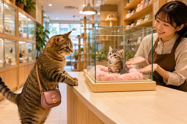 ペットショップで猫の健康状態を確認する様子