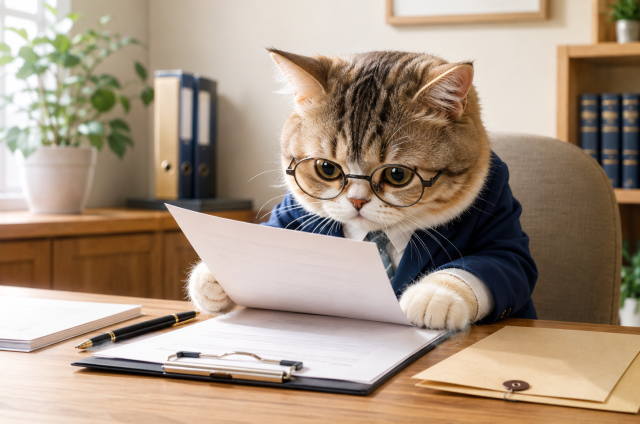 ペット飼育に関する書類を確認する猫のイメージ