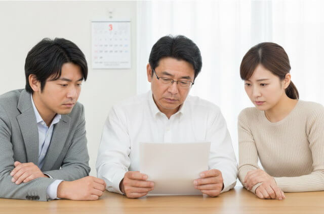 共有名義の土地を共同申請するために話し合う親族のイメージ